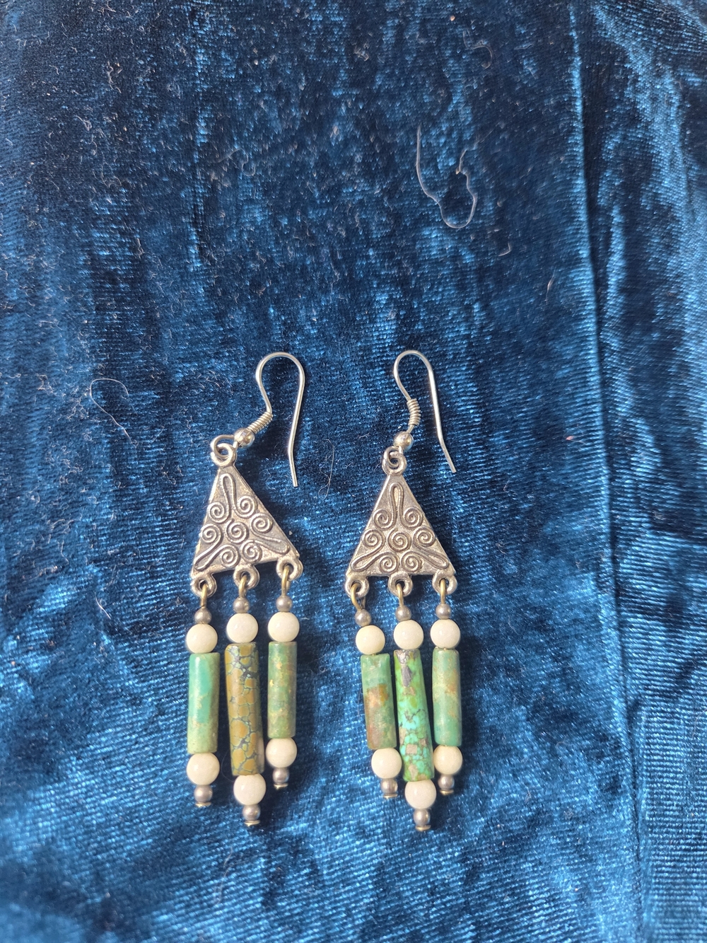 Turquoise Green Bead Dangle Earrings with Silver Triangle Accents